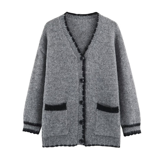 Damen Oversize Strickcardigan mit V-Ausschnitt, Knopfleiste und kontrastierenden Zierkanten Shop Nory