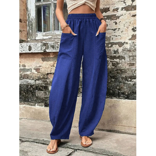 Damen Weite Leinenhose mit elastischem Bund, aufgesetzten Taschen und lässigem Harem-Schnitt Shop Nory