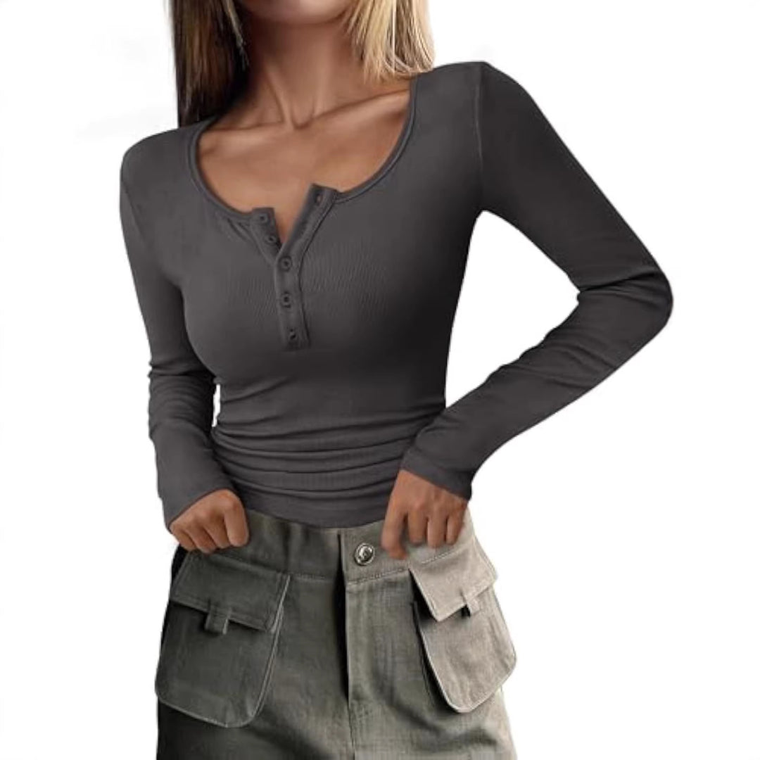 Damen Langärmeliges Rippshirt mit Henley-Knopfleiste und taillierter Passform Shop Nory