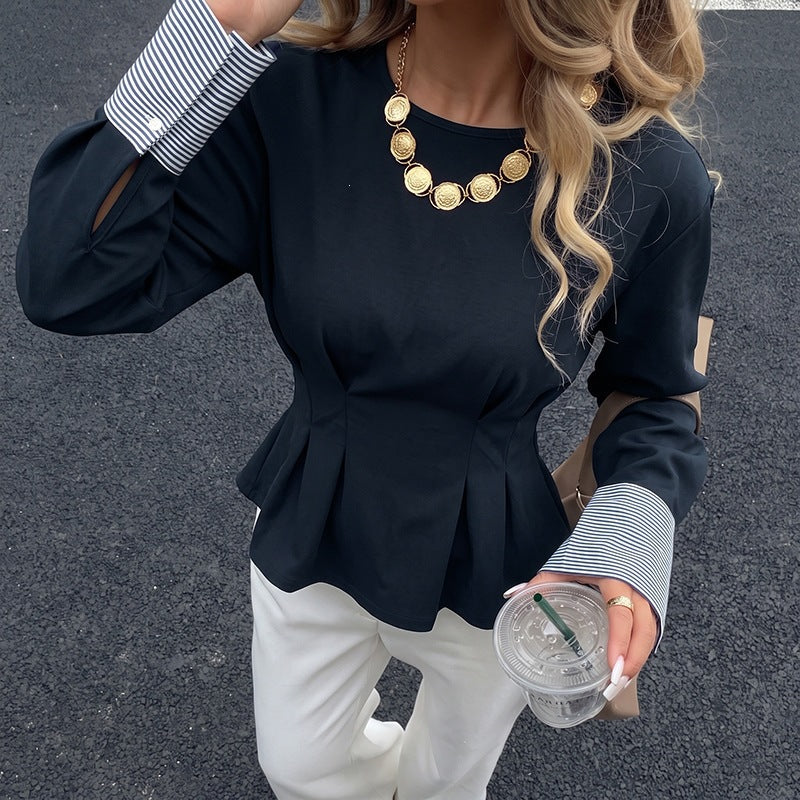 Damen Tailliertes Peplum‑Top mit Kellerfalten, Rundhalsausschnitt und Kontrastbündchen Shop Nory