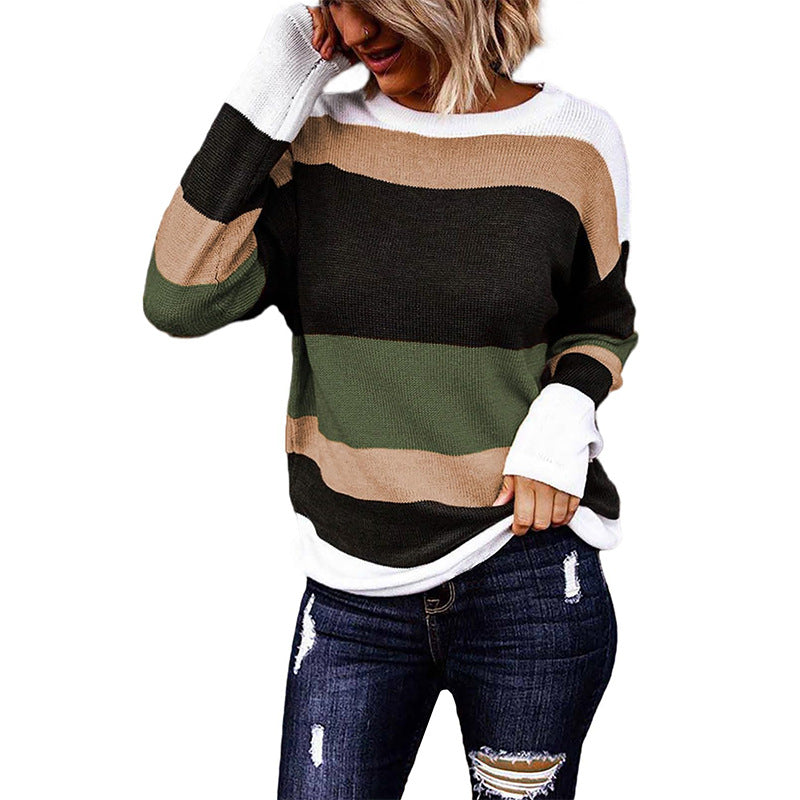 Damen Gestreiftes Langarm-Strickshirt mit Leoprint-Einsätzen und Rundhalsausschnitt Shop Nory
