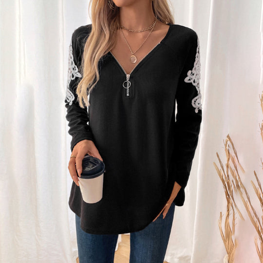 Damen Lässiges Longsleeve-Tunika-Shirt mit V‑Reißverschluss und Spitzenapplikation Shop Nory