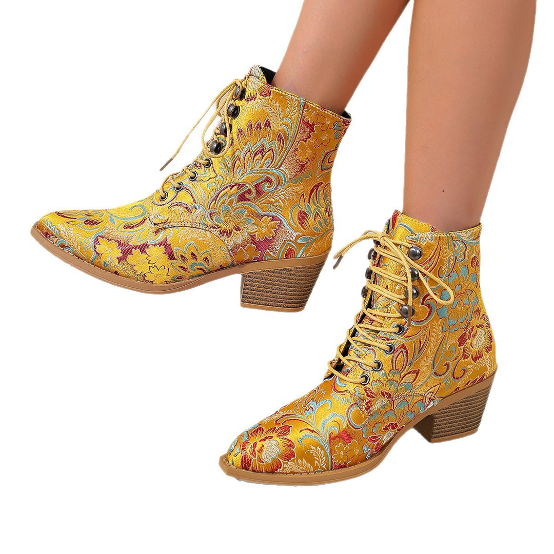 Damen bestickte Schnür-Stiefelette mit Jacquard-Brokatmuster und niedrigem Blockabsatz Shop Nory