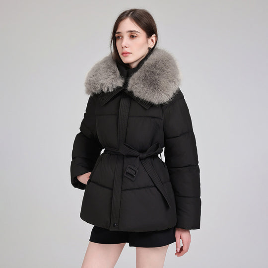 Damen nan luxuriöse kurze Pufferjacke mit integriertem Windschutzkragen und Taillengürtel Shop Nory