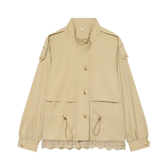 Damen leichte Fieldjacke mit Tunnelzug, Stehkragen, Epauletten und Spitzenbesatz Shop Nory