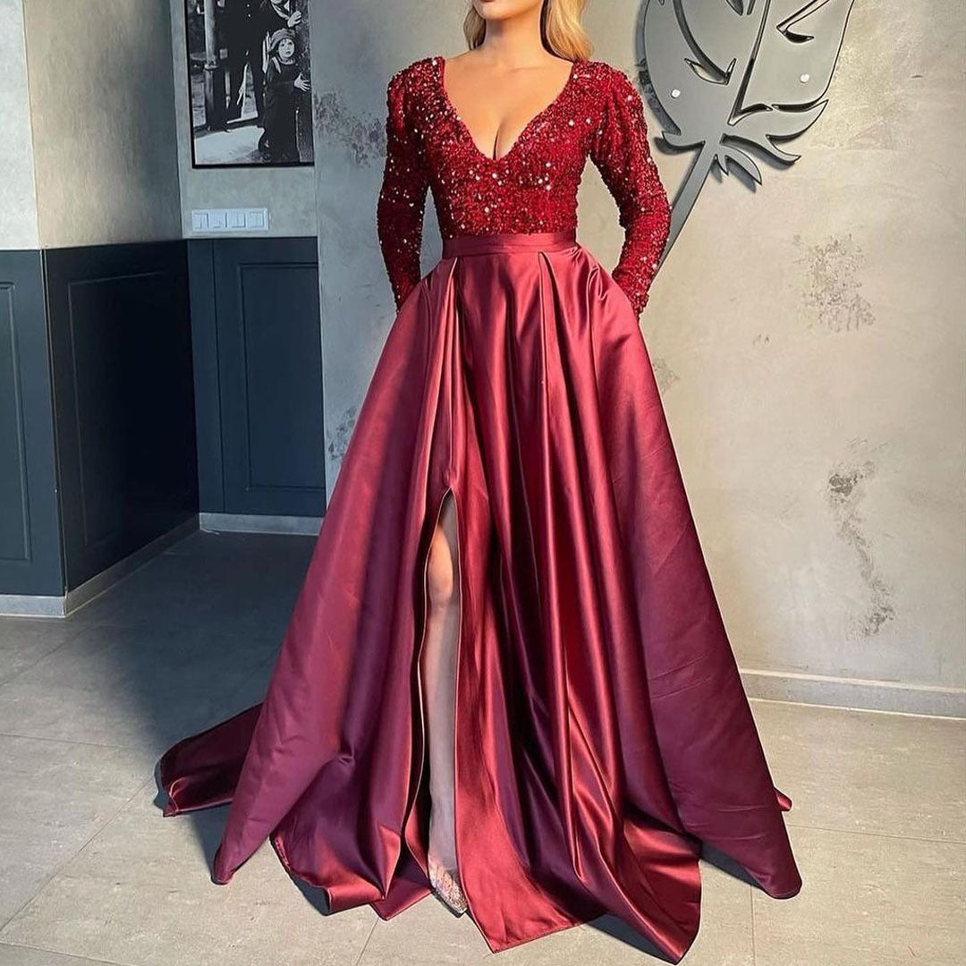 Damen Glamouröses Abendkleid mit tiefem V-Ausschnitt und schimmernden Pailletten
