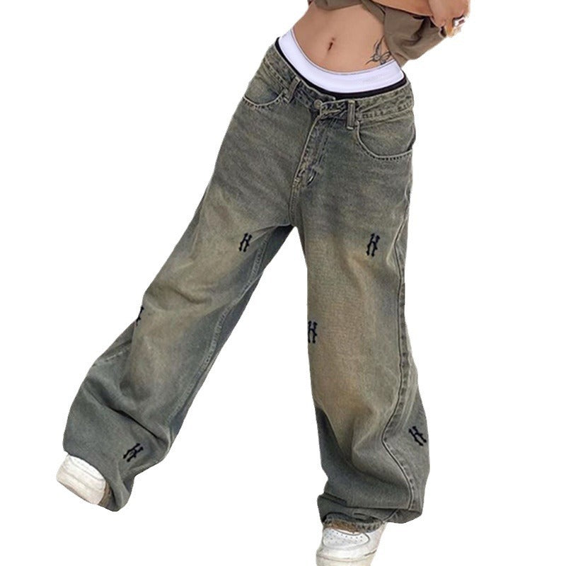 Damen nan hochtaillierte weite Denim-Jeans mit geradem Bein, Five-Pocket und Ton-in-Ton Stickerei Shop Nory