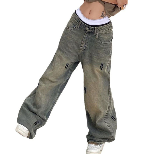 Damen nan hochtaillierte weite Denim-Jeans mit geradem Bein, Five-Pocket und Ton-in-Ton Stickerei Shop Nory