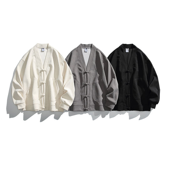Herren weit geschnittene Kimono-Jacke im Hanfu-Stil mit Kordelverschlüssen und aufgesetzten Taschen Shop Nory