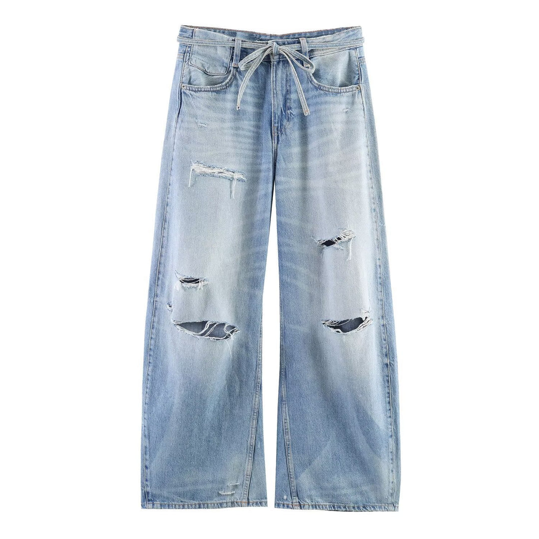Damen Weite Jeans im Destroyed-Look mit verstellbarem Bund Shopnory