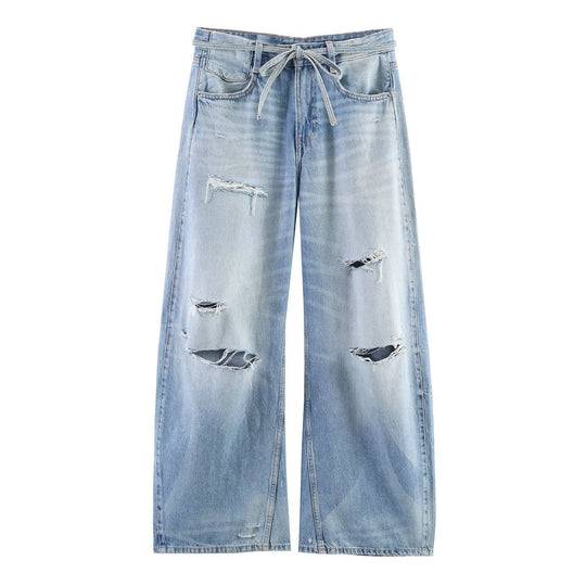 Damen Weite Jeans im Destroyed-Look mit verstellbarem Bund Shopnory