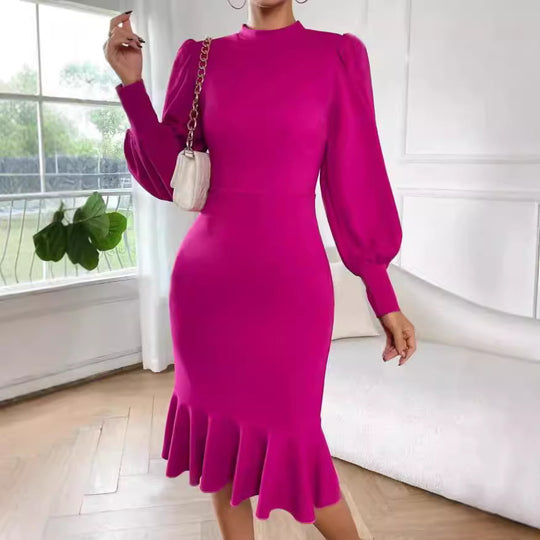 Damen nan tailliertes Pencil-Midikleid mit Stehkragen, ballonärmeln und Glockenvolant Shop Nory