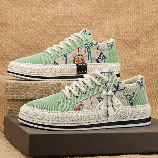 Damen bestickte Canvas‑Sneaker mit Quastenanhänger und geflochtener Plateausohle Shop Nory