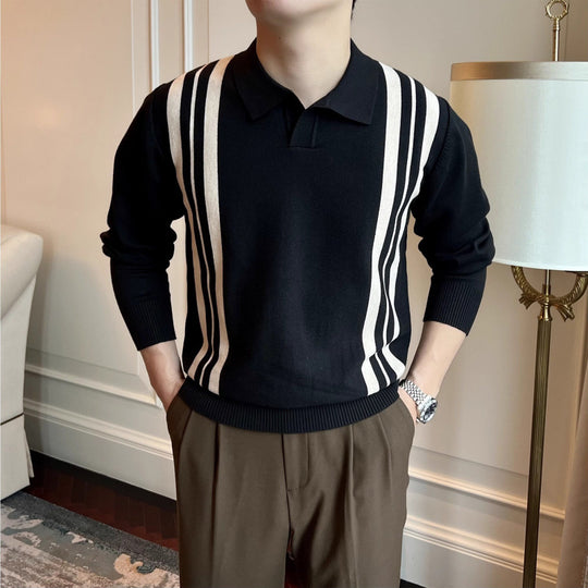 Herren Polokragen-Strickpullover mit markanten Längsstreifen und schmaler Passform Shop Nory