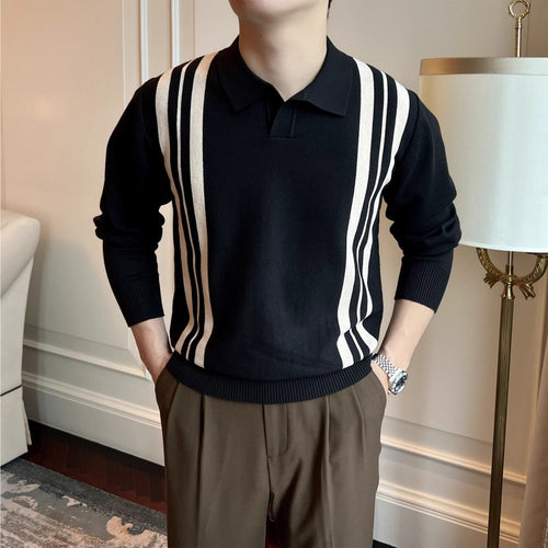Herren Polokragen-Strickpullover mit markanten Längsstreifen und schmaler Passform Shop Nory
