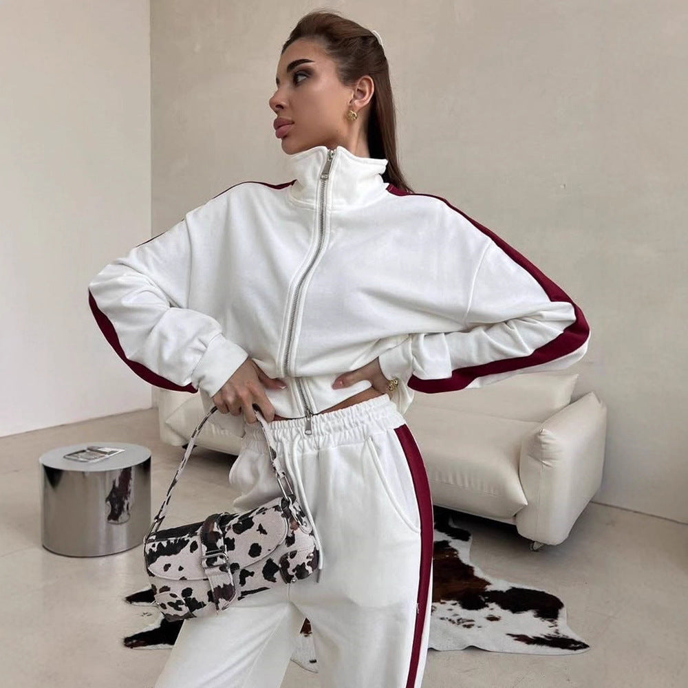Damen weites Zip-Sweatset mit Kapuze, hohen Bund und seitlichem Kontraststreifen Shop Nory