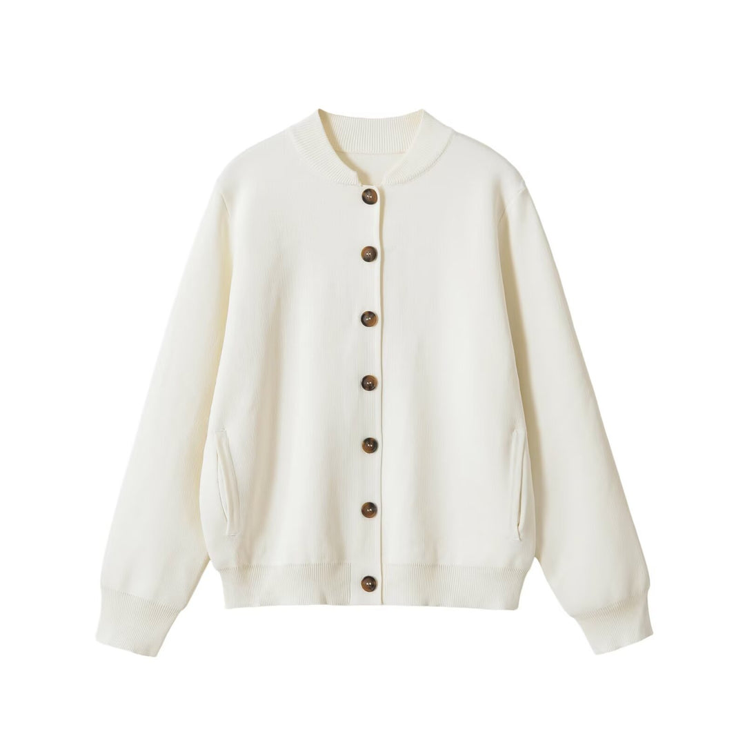 Damen Locker geschnittene Strickjacke im Bomberstil mit Knopfleiste und Rippbündchen Shop Nory