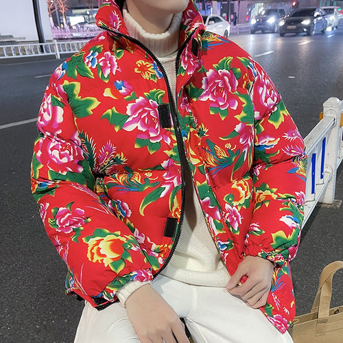 Damen Gefütterte gesteppte Pufferjacke mit großfloralem Print und Stehkragen Shop Nory