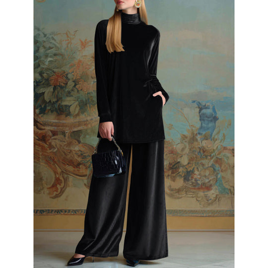 Damen Oversize-Samt-Set mit Rollkragen und weitem Palazzohose Shop Nory