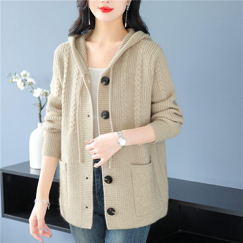 Damen Strickjacke mit Kapuze und Zopfmuster Shop Nory