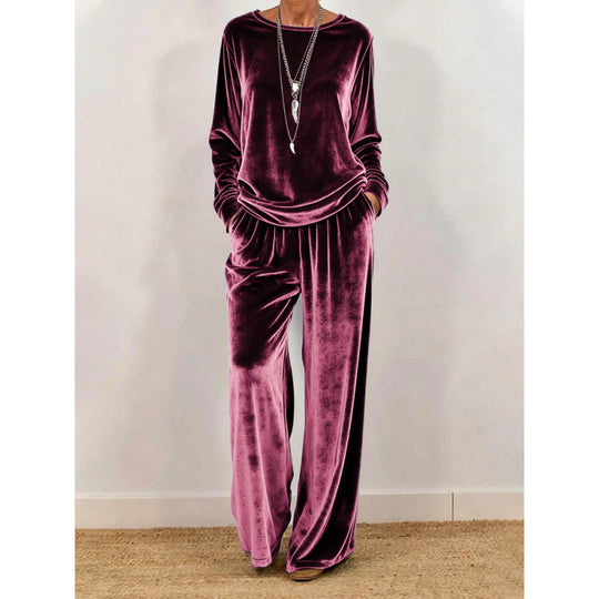 Damen Samt-Loungewear-Set mit weitem Bein, elastischem Bund und Rundhalsausschnitt Shop Nory