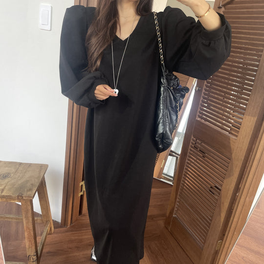 Damen Lässiges Maxi‑Sweatkleid mit V‑Ausschnitt, voluminösen Ballonärmeln und geradem Saum Shop Nory