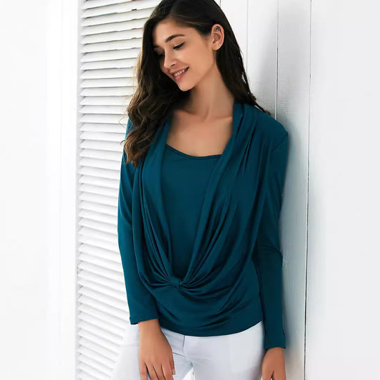 Damen Elegantes Drapiertes Wickel-Top mit vorderer Knotendetail & integrierter Spaghettiträger-Camisole Shop Nory