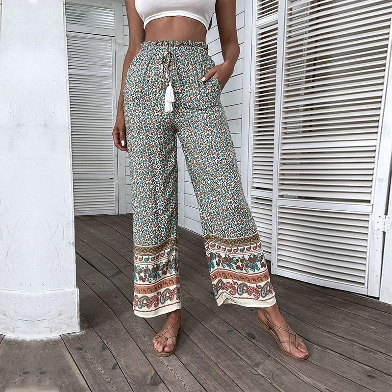 Damen Leichte Boho-Hose mit weitem Bein, elastischem Bund, Quasten-Kordel und Bordürendruck Shop Nory