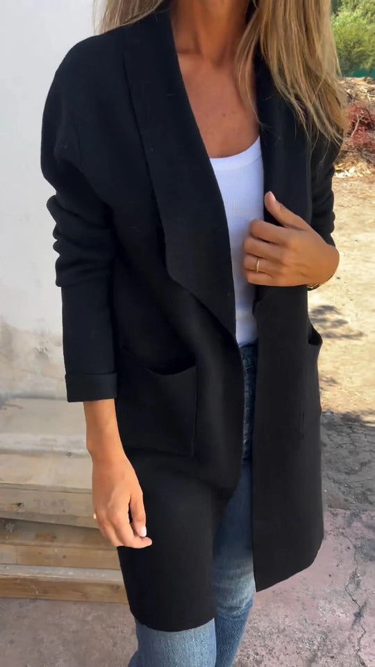 Damen Offener Longcardigan-Mantel mit Schalkragen und Eingrifftaschen Shop Nory