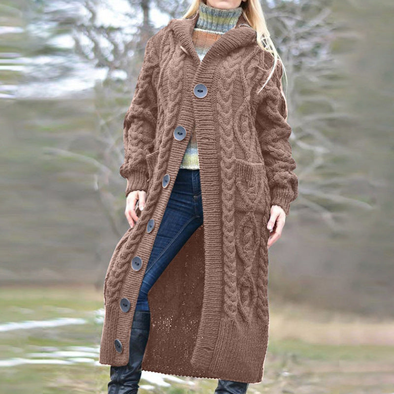 Damen Strickmantel mit Kapuze und Kabelmuster