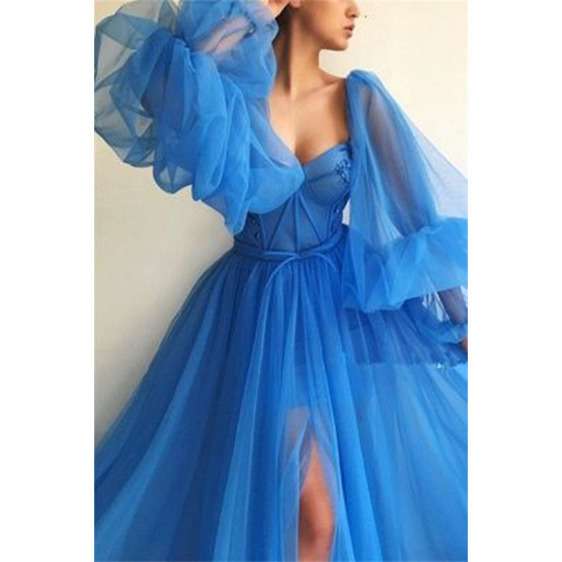 Damen Tüll Abendkleid mit voluminösen Ärmeln und seitlichem Schlitz
