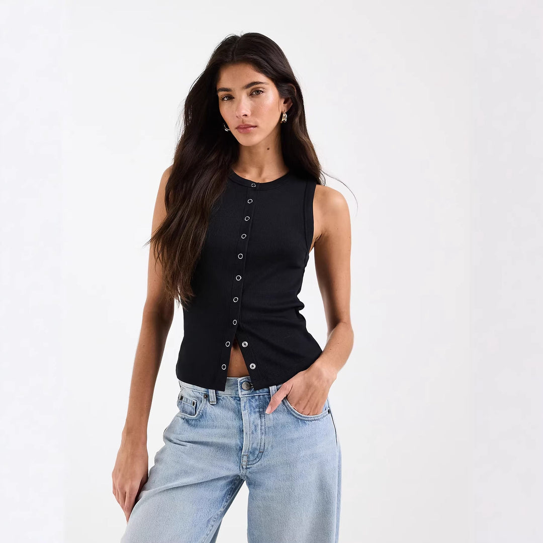 Damen Ärmelloses Rippenshirt mit durchgehender Knopfleiste