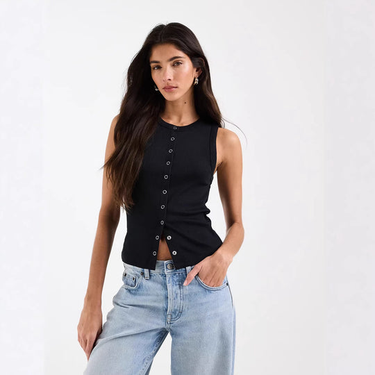 Damen Ärmelloses Rippenshirt mit durchgehender Knopfleiste