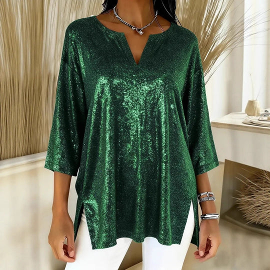 Damen Glitzerndes Oversize-Longshirt mit V-Ausschnitt und seitlichen Schlitzen Shop Nory