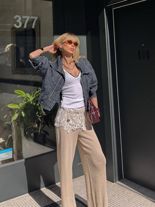 Damen Kurz geschnittene Jeansjacke in Stonewash-Optik mit Oversize-Kragen und Reißverschluss Shop Nory