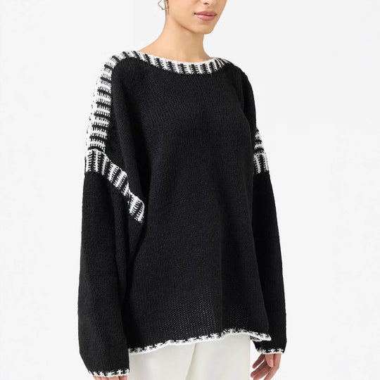 Damen Oversize Grobstrickpullover mit Kontraststreifen an Schultern und Saum Shop Nory