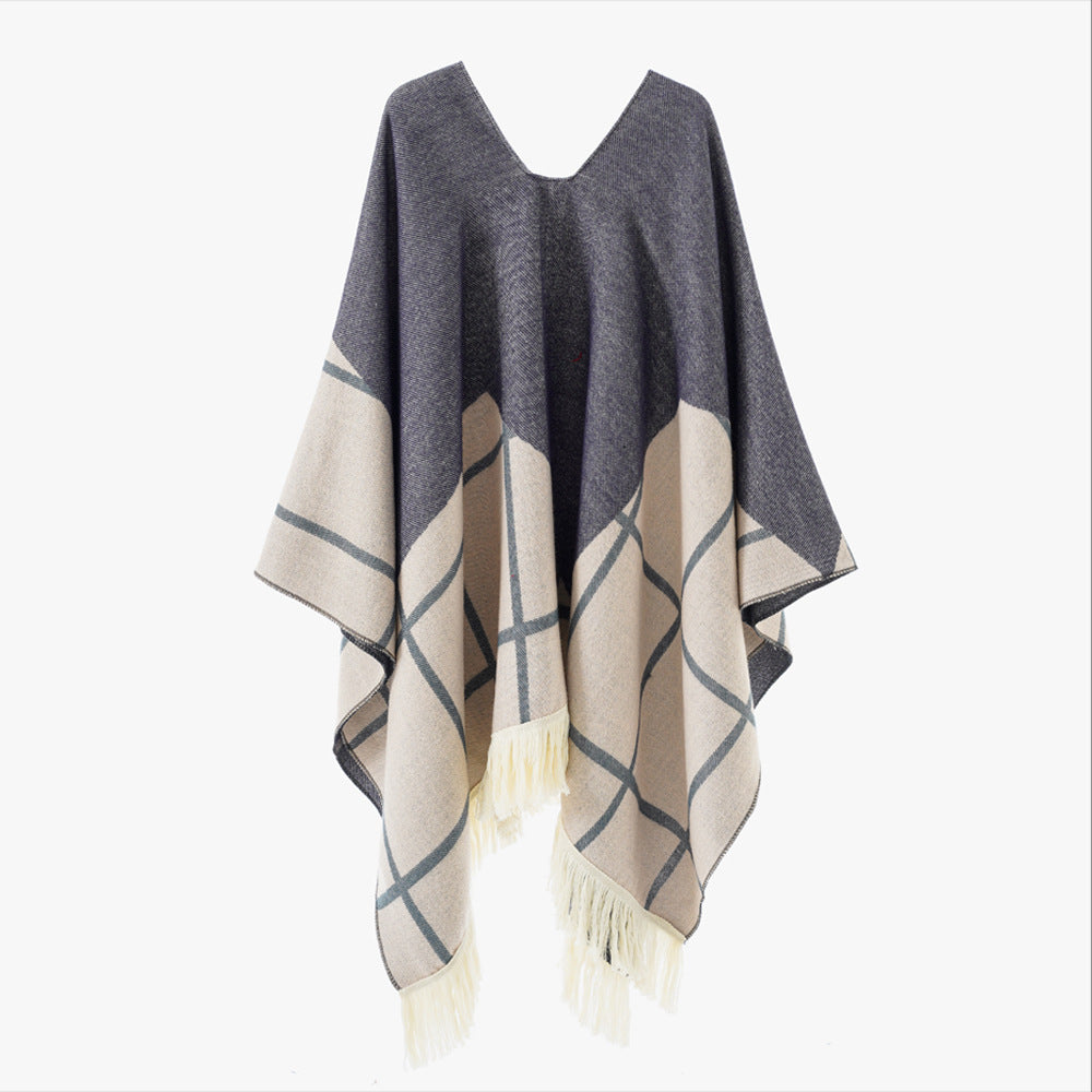 Damen Ornamentaler Jacquard‑Poncho mit V‑Ausschnitt und Fransensaum Shop Nory