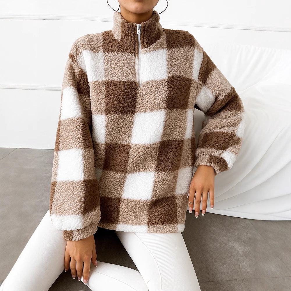 Damen nan kariertes Teddy-Fleece Pullover mit Stehkragen und halbhohem Reißverschluss Shop Nory