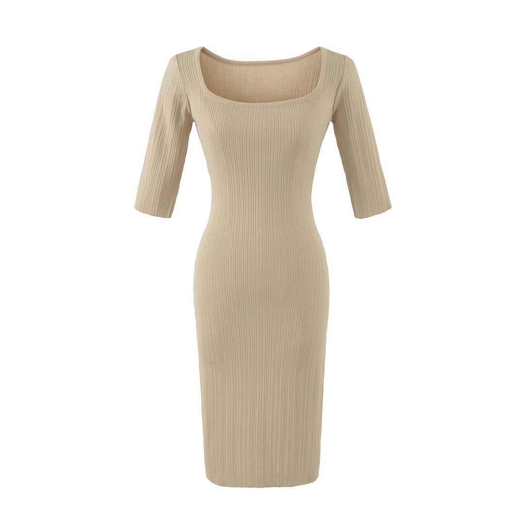 Damen Geripptes Midikleid mit quadratischem Ausschnitt und dreiviertelärmeln Shop Nory