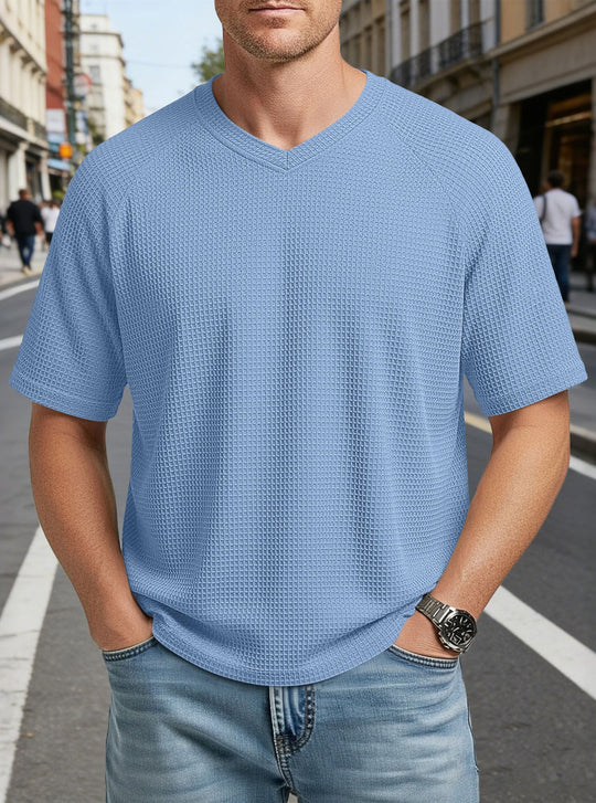 Herren nan lässiges V-Ausschnitt Waffelstrick-T-Shirt aus atmungsaktivem Baumwollmix