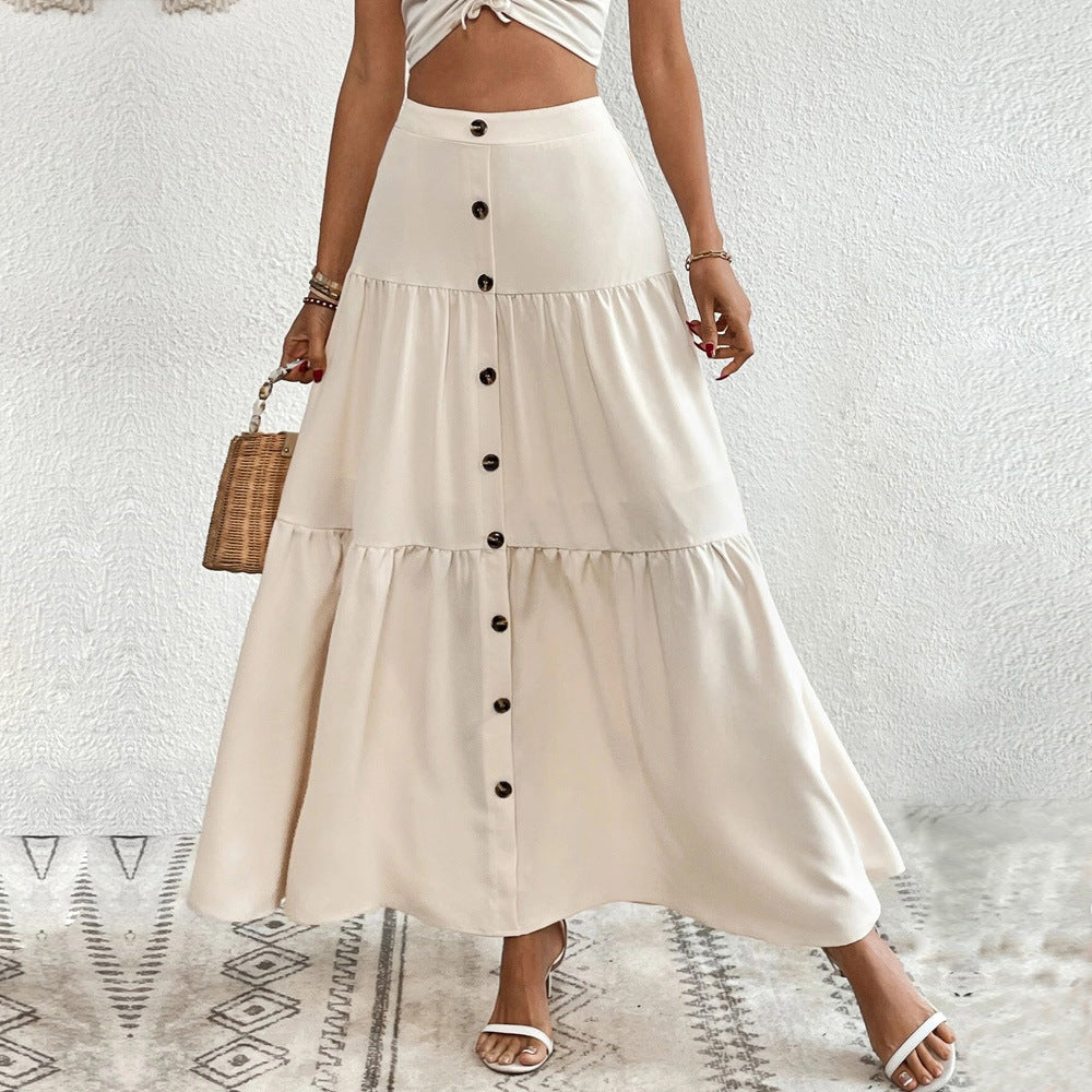 Damen luftiger Stufenmaxirock mit durchgehender Knopfleiste, hoher Taille und seitlichem Beinschlitz Shop Nory