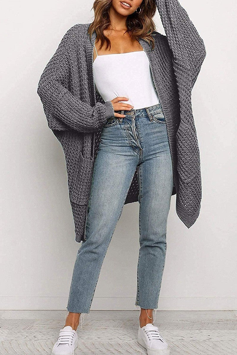 Damen Langer Oversize Strickmantel mit offener Front und aufgesetzten Taschen Shop Nory