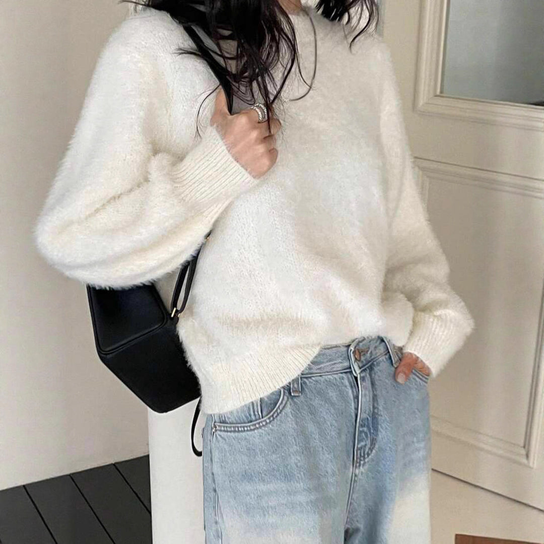 Damen Kurzgeschnitteter Flauschpullover mit Ballonärmeln und Rundhalsausschnitt Shop Nory