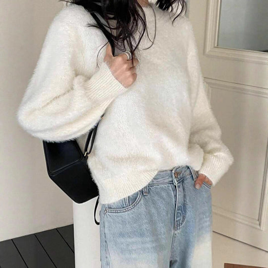 Damen Kurzgeschnitteter Flauschpullover mit Ballonärmeln und Rundhalsausschnitt Shop Nory