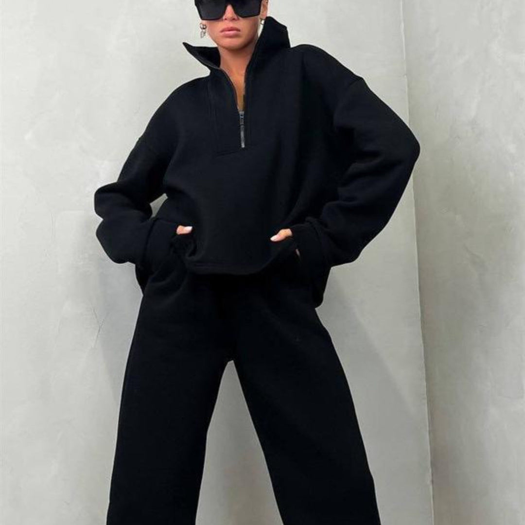 Damen lässiges Fleece-Set mit halbem Reißverschluss und weitem Schnitt