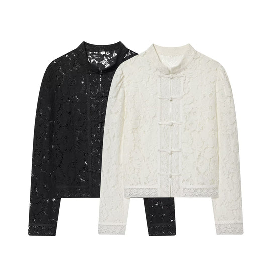 Damen Spitzenjacke mit Mandarinkragen und dekorativen Froschverschlüssen Shop Nory