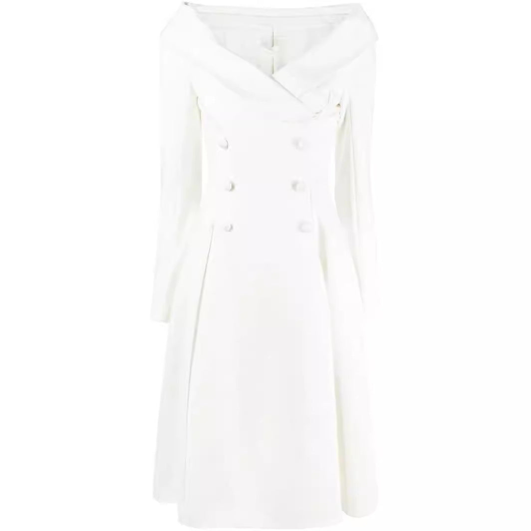 Damen Maxikleid im Mantel‑Look mit Carmenkragen und Doppelreihe Shop Nory