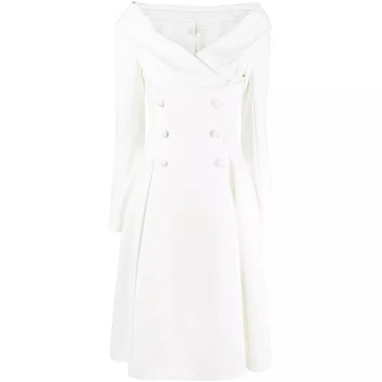 Damen Maxikleid im Mantel‑Look mit Carmenkragen und Doppelreihe Shop Nory