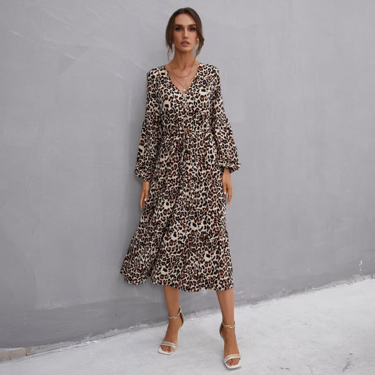 Damen Midikleid im Leo-Print mit V‑Ausschnitt, Knopfleiste, Kordeltaillen und Stufenrock Shop Nory