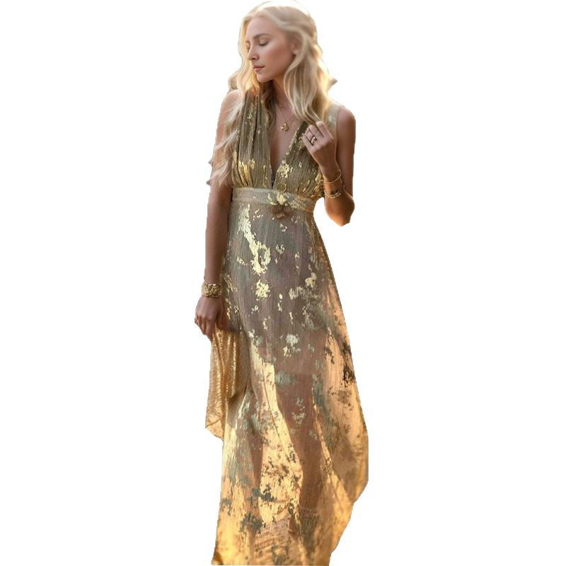 Damen Elegantes Maxi-Kleid mit filigranem Goldmuster und V-Ausschnitt